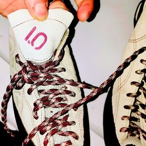 White Suede Lace-Up Sneakers with Burgundy Accents